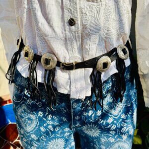 Vintage Black Leather & Suede Fringed Concho Belt